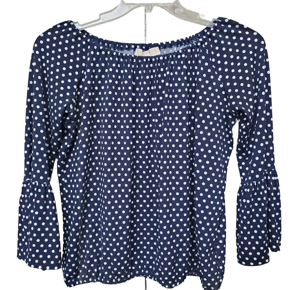 Michael Kors Navy Polka Dot Elastic Waist Bell Sleeve Blouse Size PL
